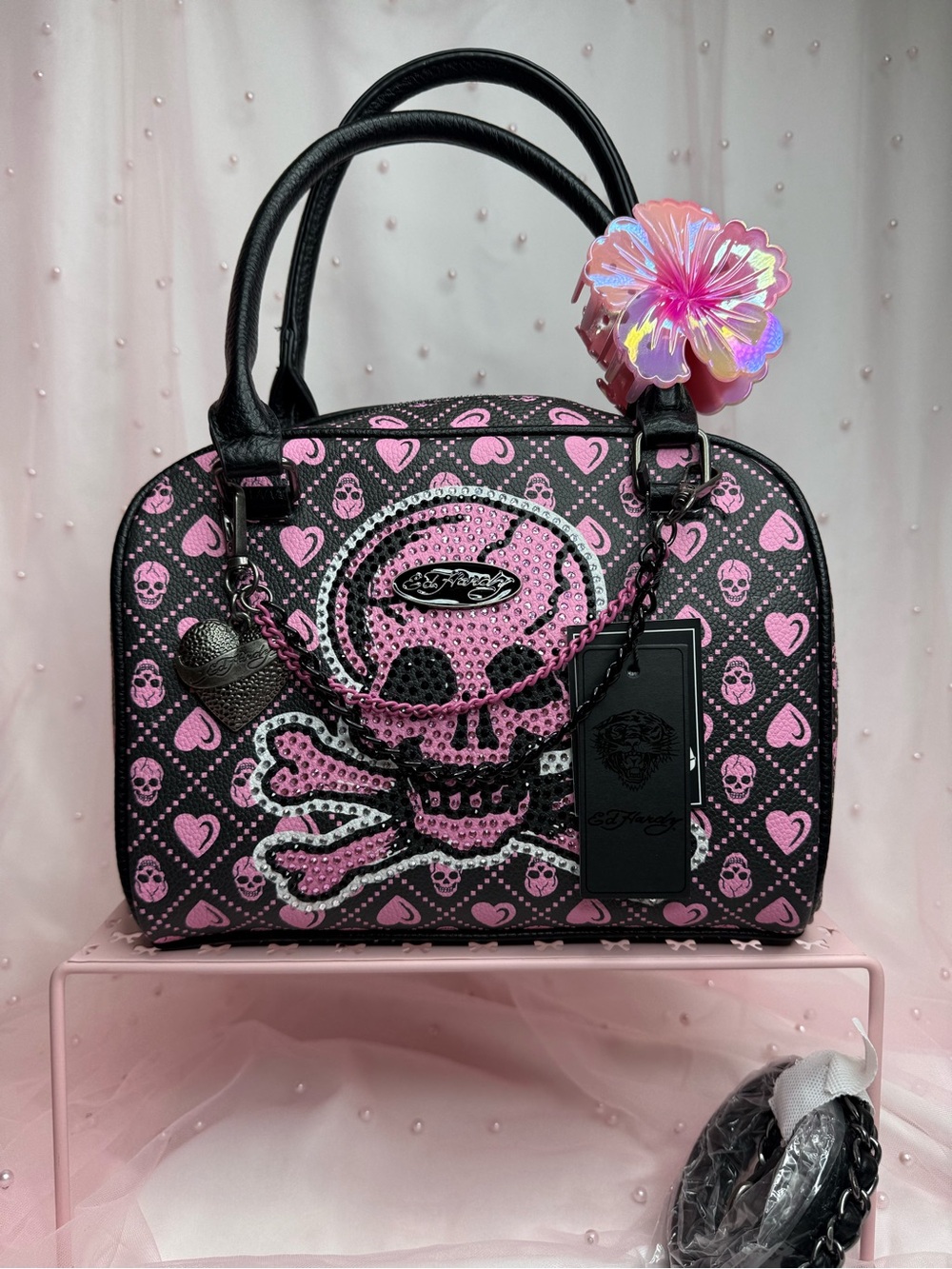 Ed Hardy Black & Pink Skull Heart Print Satchel Top Handle Zip w Strap